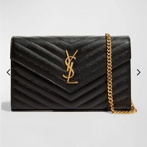 Authentic YSL Monogram Large Wallet on Chain in Grained Leather